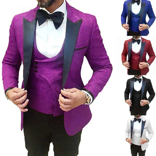 Fashion Purple Jacquard Men Wedding Suits Groom Tuxedo Prom Slim Fit Blazer Hombre High Quality Custom 3 Piece Set Costume Homme