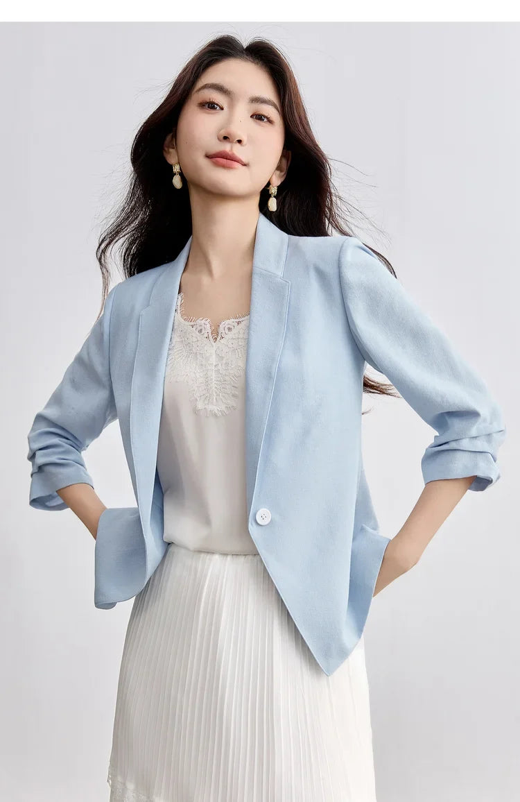 Blazer For Women's Commuter Flat Collar, One Button-down Shoulder Pads, Seven-quarter Sleeves Short Jacket 152XC1936