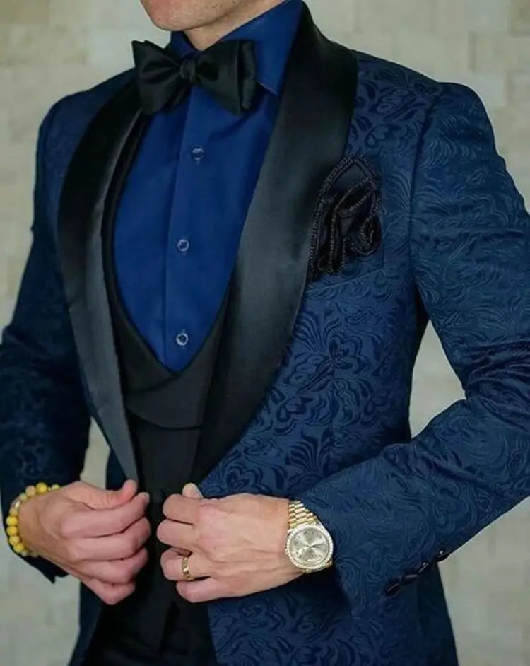 Black Velvet Men's 3 Pieces Suit Prom Costume Groom Tuxedos Formal Wedding Best Man Blazer Party Suits (Jacket+Vest+Pants)