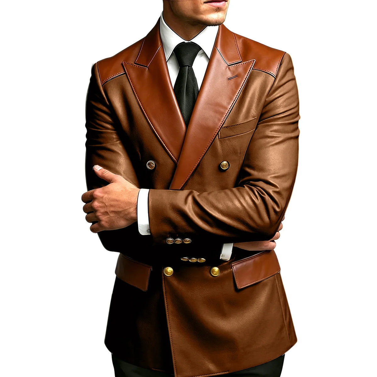 Luxury Men's Colorblock Leather Blazer Double Breasted Notched Lapel Business Casual Suit Jacket Fashion Formal Wear for Wedding
