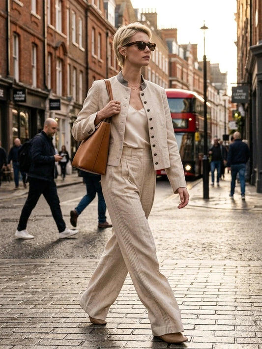 Stylish Commuting Style Pant Sets for Women Mandarin Collar & Long Sleeve Pleated Blazer Matching Topstitched Straight Leg Pants