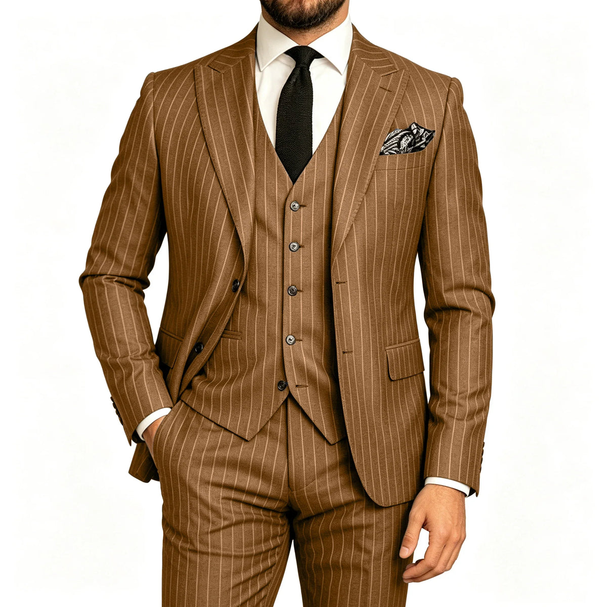 Men's Striped 3-Piece Suit – Slim Fit Blazer, Vest & Pants for Formal & Wedding Wear