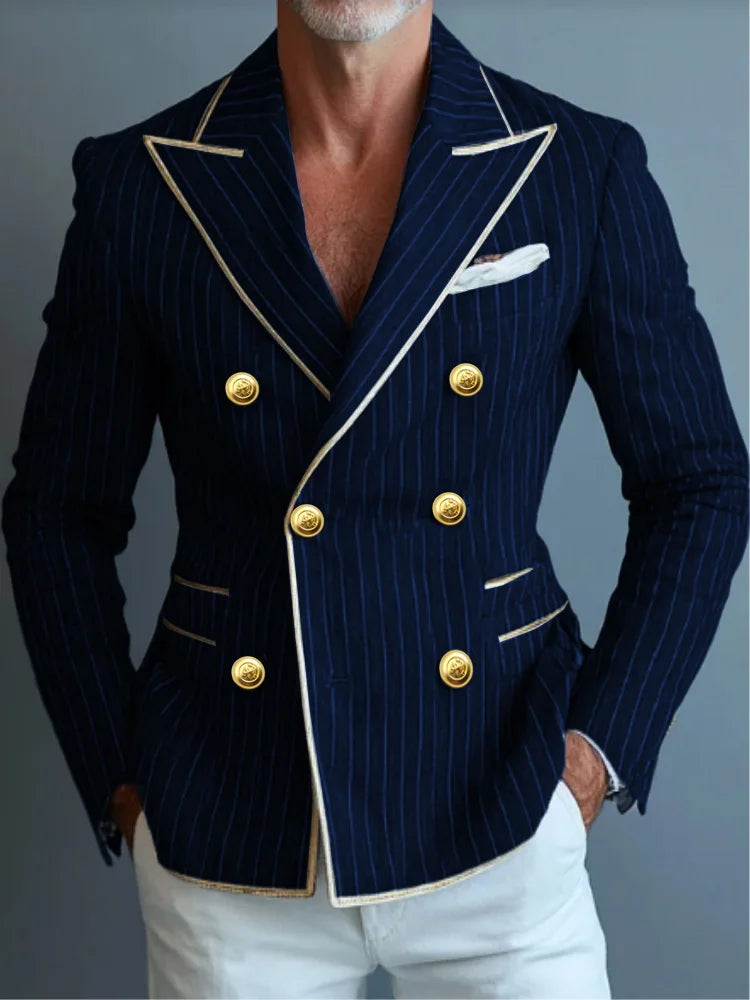 Business Fashion Suit Jacket Striped Suit Jacket with Double Row Metal Buckles Blue Blazer Striped Jacket Man Top Man Coat