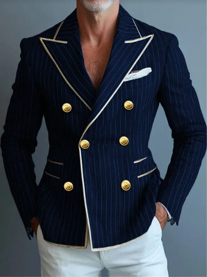 Business Fashion Suit Jacket Striped Suit Jacket with Double Row Metal Buckles Blue Blazer Striped Jacket Man Top Man Coat