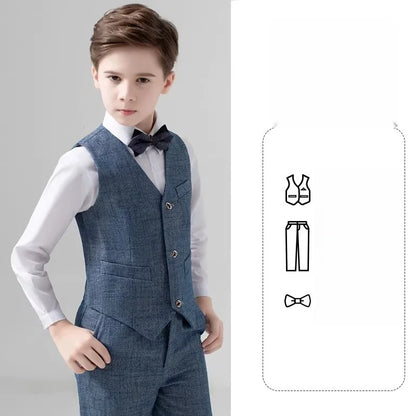 British Style Kids Piano Host Speech Performance Costume School Boys Vest Pants Bowtie 3Pieces Ceremony Clothing Set