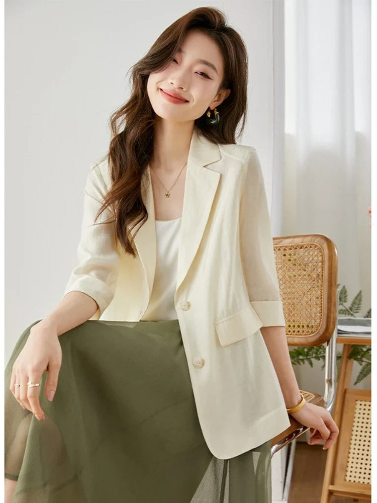 Casual Lyocell Suit Blazers Women 2026 Autumn Fashion Transparent Lightweight Three Quarter Sleeve Office Ladies Blazers