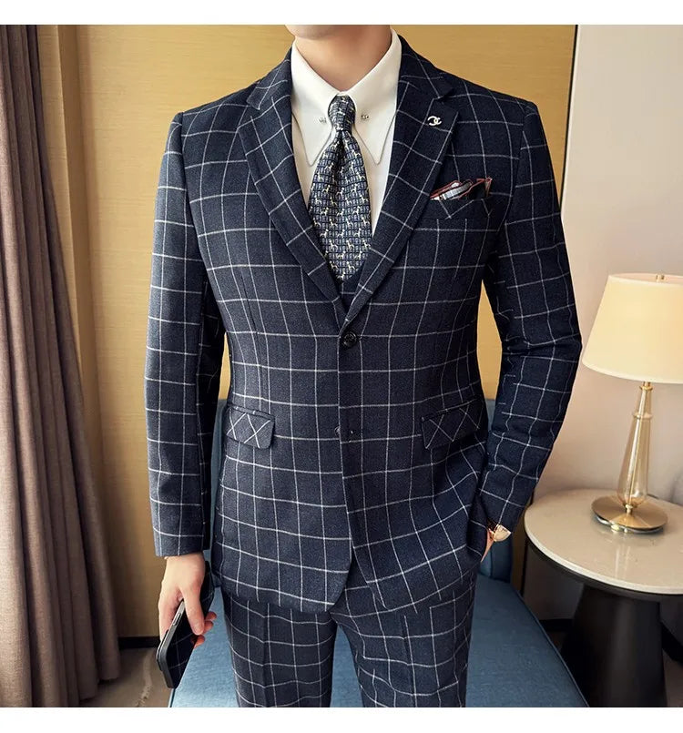 Men's 3-Piece Slim Fit Plaid Suit – Jacket, Vest & Pants for Weddings, Office & Formal Occasions