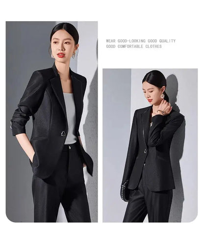Elegant Single Button Blazer Suit Pant Sets for Women 2 Pieces Business Formal Office Outfit Autumn Plus Size Jacket Trousers
