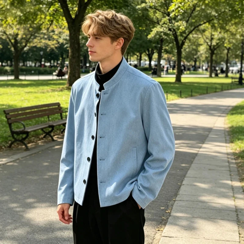 Men's Linen Blazer Stand Collar Slim Fit Suit Jacket Lightweight Breathable Soft Business Casual Daily Sport Coat for Spring