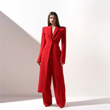 Bright Red Women Long Split Blazer Two Piece Suit Peak Shoulder Lapel Slim Waist Wide Leg Pants Wedding Gala Evening Customized