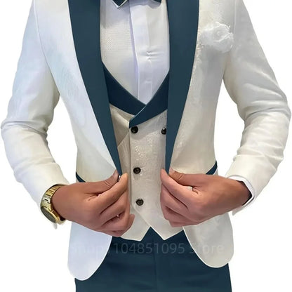 Costume Homme 3 Pièces Jacquard Coupe Classique Blazer Gilet Pantalon Croisé Affaires Bal Mariage Ensemble Vêtements Formels Homme