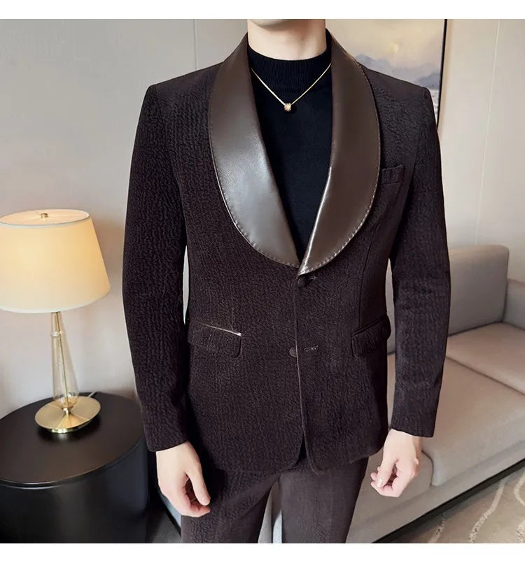 British Style PU Patchwork Suit for Men Casual Business Wedding Suits 2 Pieces Set (jacket+pant) Office Work Party Prom Suit