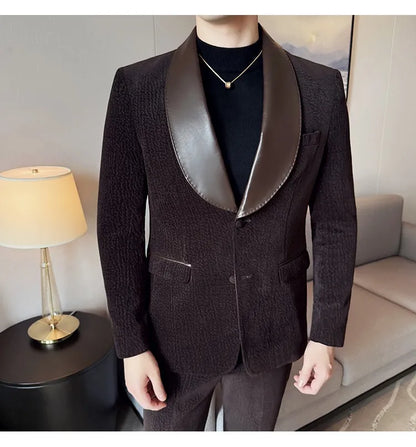 British Style PU Patchwork Suit for Men Casual Business Wedding Suits 2 Pieces Set (jacket+pant) Office Work Party Prom Suit