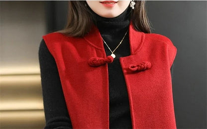 Woolen Vest Women's Standing Neck Button Chinese Style Loose Versatile Thin Wool Vest Outerwear Coat Sleeveless Jacket For Women