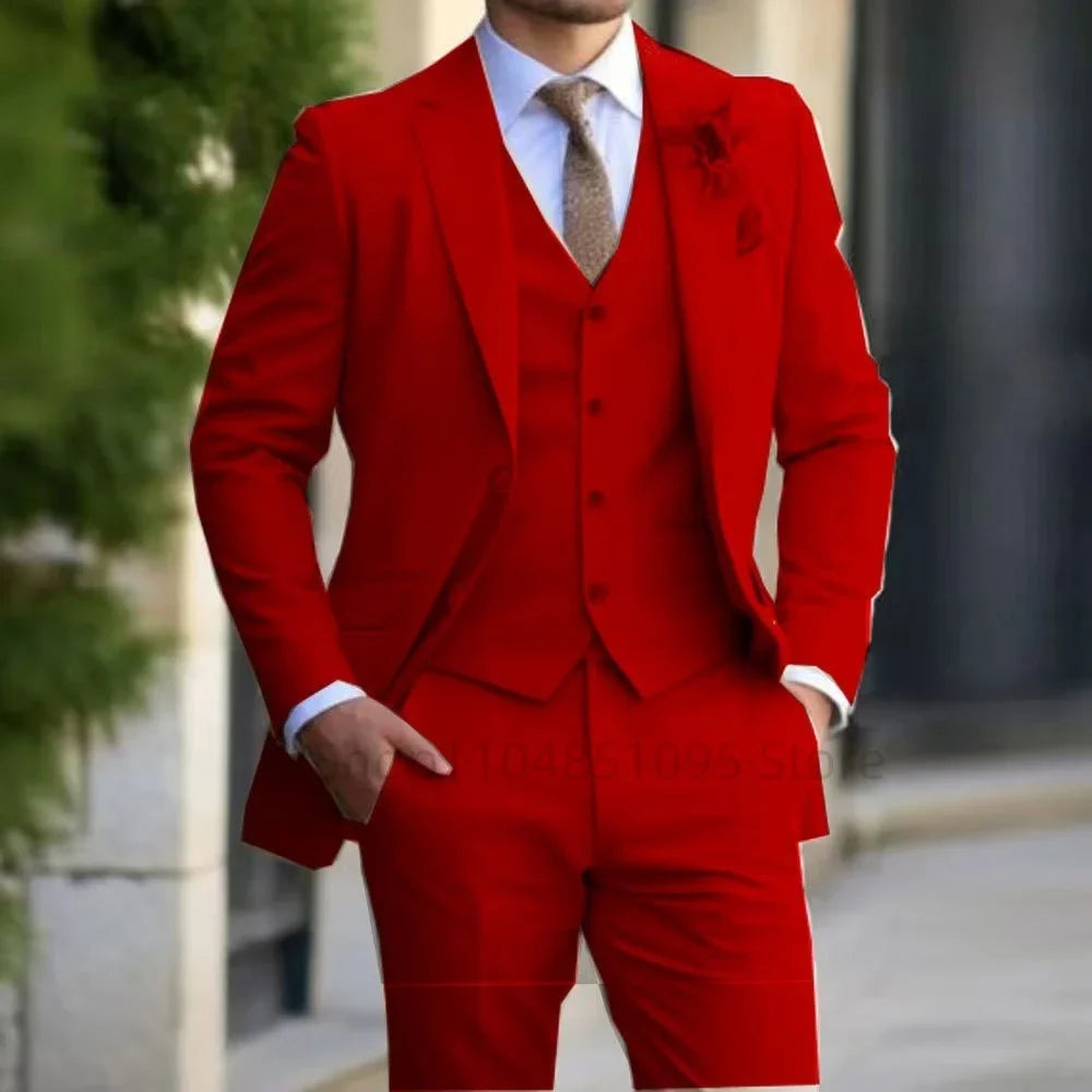3PCS Formal Solid Men's Suit Set - Wedding Business Party Prom Classic Occasion Jacket Vest Pants Ensemble