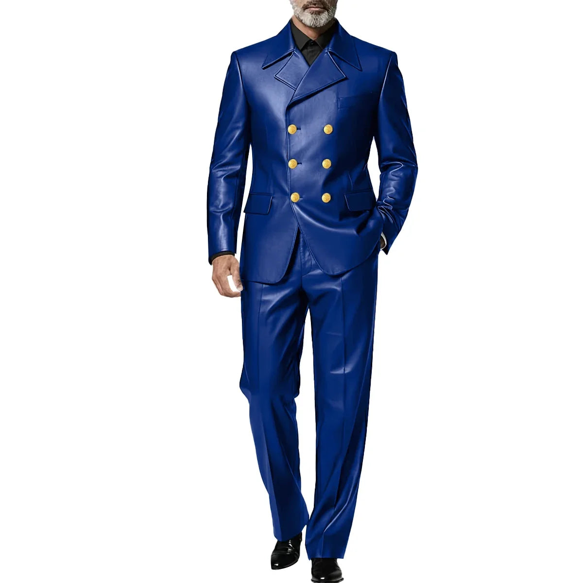 Men's Leather 2 Piece Suit Retro Double Breasted Peak Lapel Slim Fit Blazer Straight Leg Pants Formal Set Business Casual Weddin