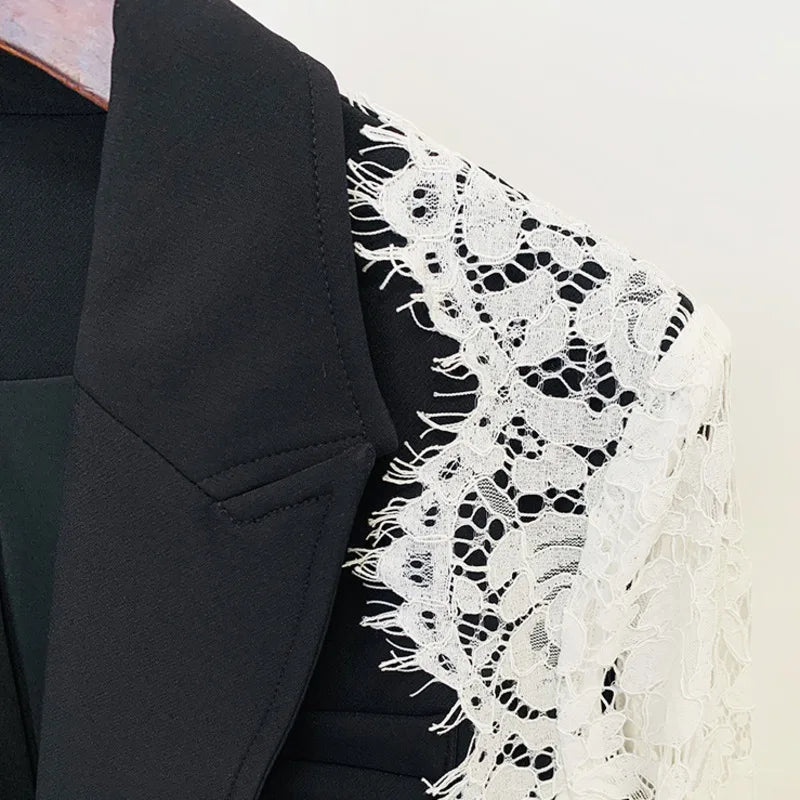 Autumn New Women Tide Chic Elegant Fashion Single Button Patchwork Lace Contrast Color Waist Cinching Pocket Blazer  HK7609