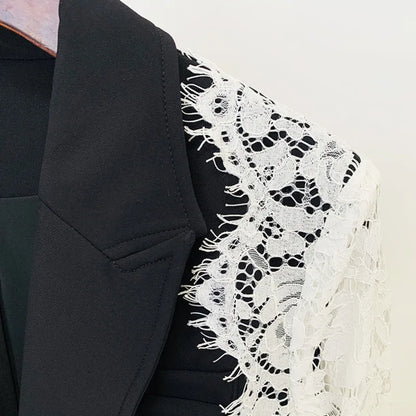 Autumn New Women Tide Chic Elegant Fashion Single Button Patchwork Lace Contrast Color Waist Cinching Pocket Blazer  HK7609