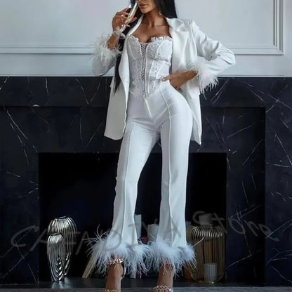 Women's Two Pieces Set Luxury 2026 Slim Fit Notch Lapel Glamorous Feather Blazer Formal Evening Party Tailored Made Outfit