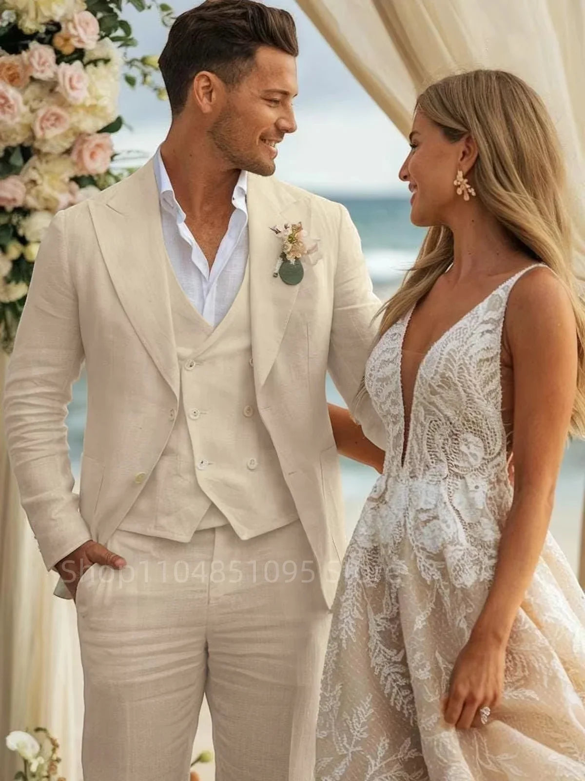 Beige/Blue 3 Piece Linen Men's Wedding Suits Groom Tuxedos Casual Beach Wedding Party Prom Suit Set with Jacket Vest And Pants
