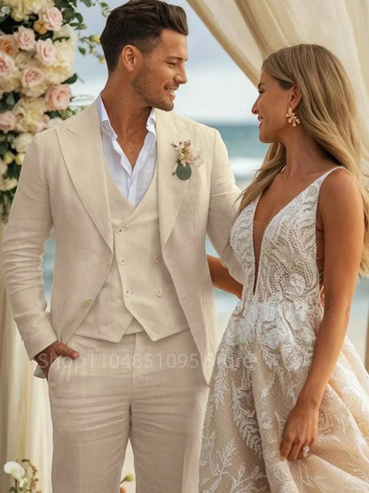Beige/Blue 3 Piece Linen Men's Wedding Suits Groom Tuxedos Casual Beach Wedding Party Prom Suit Set with Jacket Vest And Pants