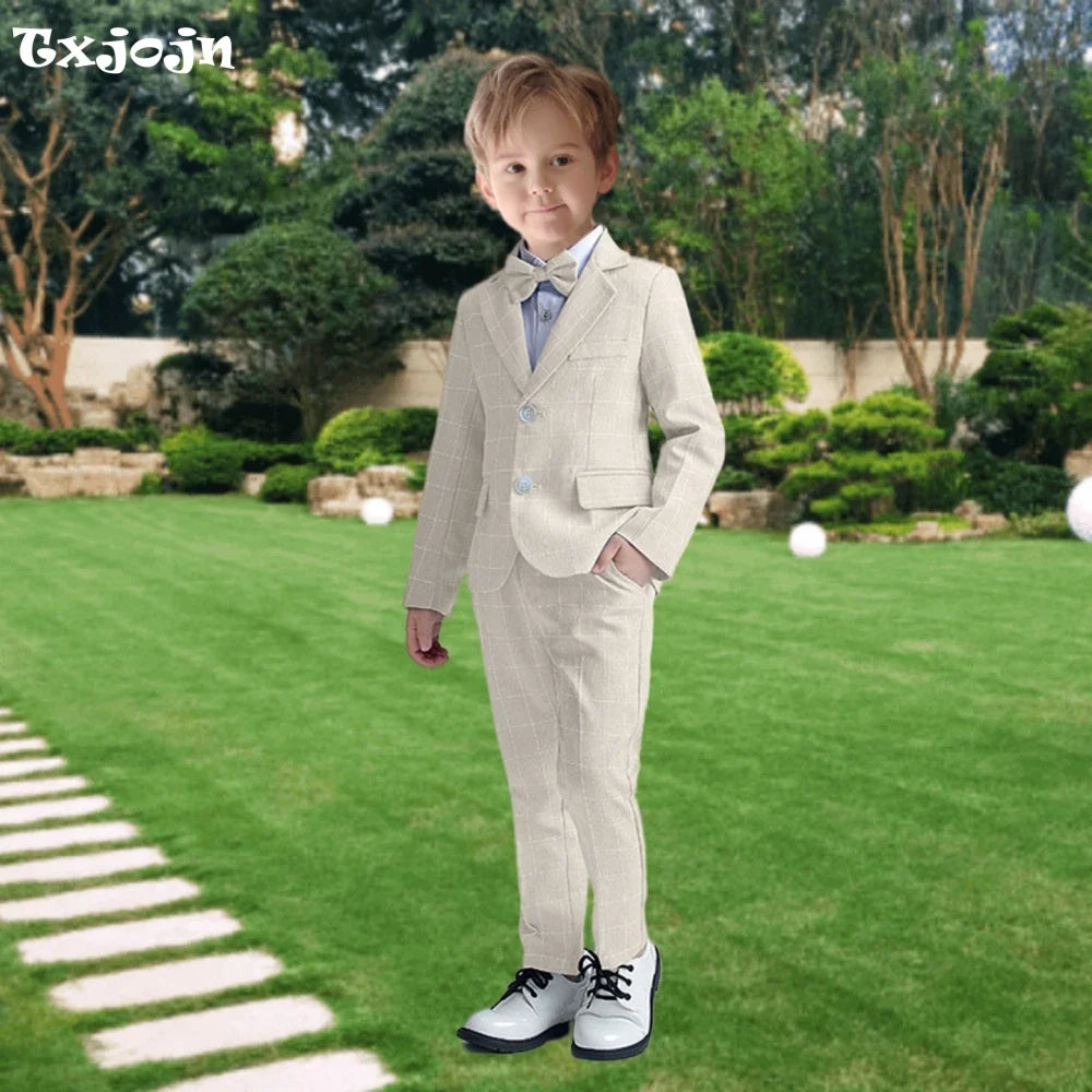 Classic Khaki Children Lapel Suit Set School Graduation Ceremony High Quality Boys 3 Pieces Blazer Pants Bow-tie For Activities