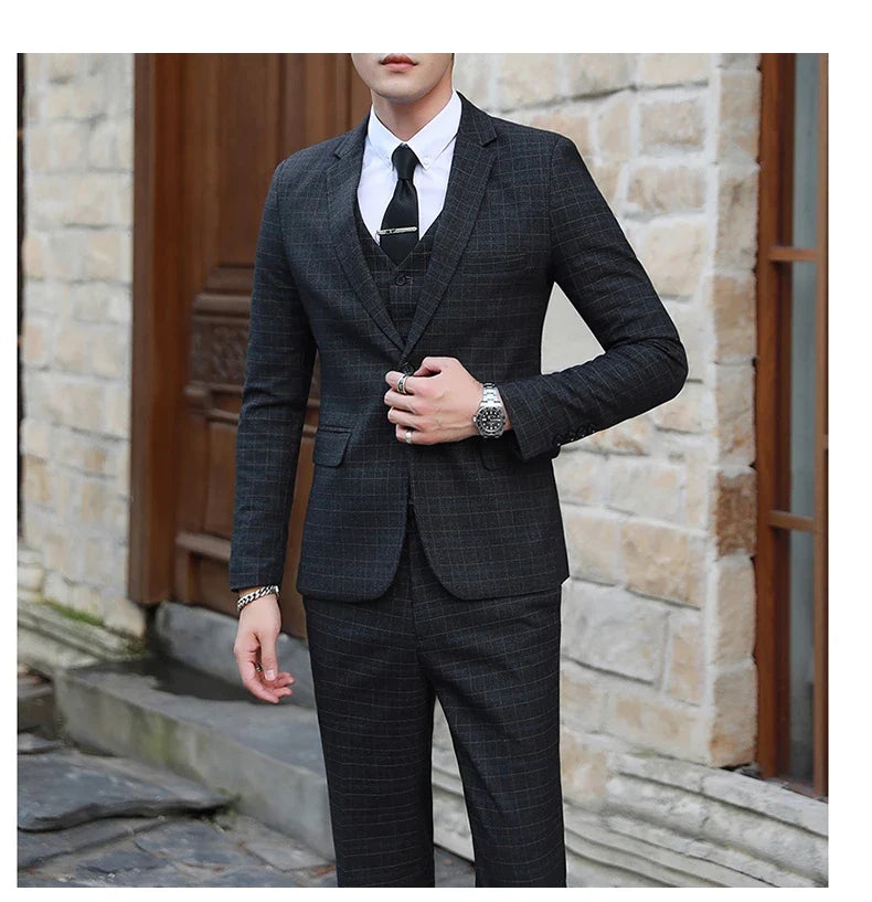Men's Autumn Winter Trendy Three-Piece Suit Set Slim Fit Stylish Vest Trousers Ensemble Handsome Personality Wardrobe Essential
