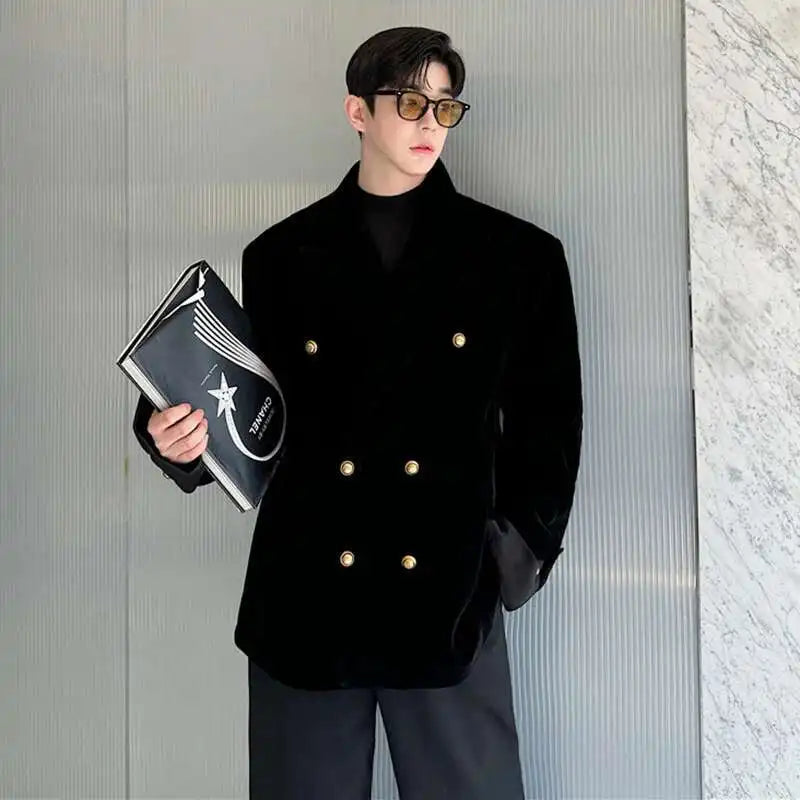 Double Breasted Korean High Quality Blazer Original Elegant Temperament Casual Male Suit Jackets Velvet New Coats LZ7346