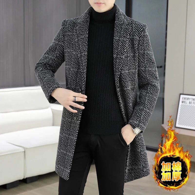 High-quality winter men's fashionable and stylish woolen overcoat, suit collar, mid-length windbreaker, woolen coat