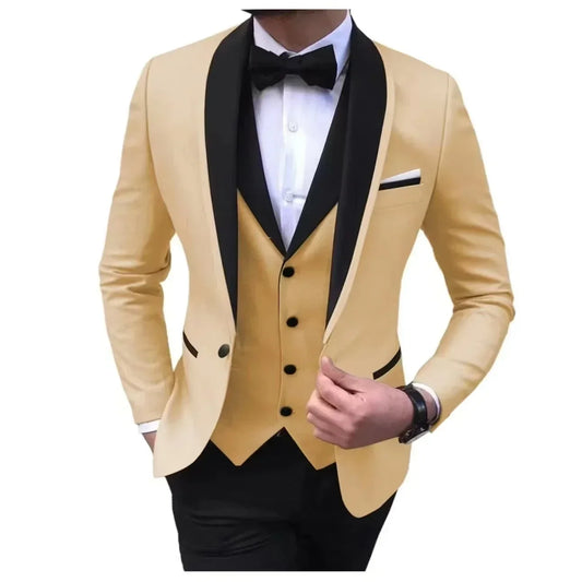 Ensemble 3 Pièces Blazer Gilet et Pantalon Col Revers Boutonnage Simple Vêtements Homme Haut de Gamme Costume Trois Pièces Marié Le Plus Récent