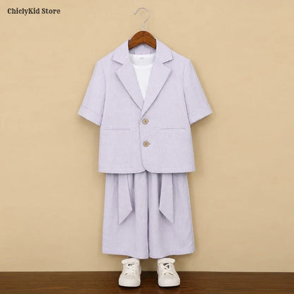 Boys Solid Short Sleeves Blazer Jack Vest Pants Children Suit Waistcoat Wedding Clothes Sets Toddler Formal Dress Kids Tuxedos