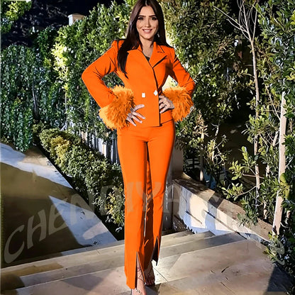 Luxury Feather Women's Suit Sim Fit Peak Lapel Jacket Pants with Split Fashion Outfit for Office Lady Party Business Wear