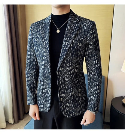 Korean Slim Fit Casual Suit Jacket for Men Fashion Camouflage Business Social Blazers Wedding Streetwear Dress Coat Men Clothing