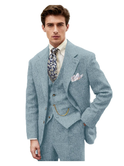 3 Piece Grey/Brown Mens Tweed Herringbone Wedding Suit Prom Tuxedos Peak Lapel Tweed for Business Slim Fit (Blazer+Vest+Pants)