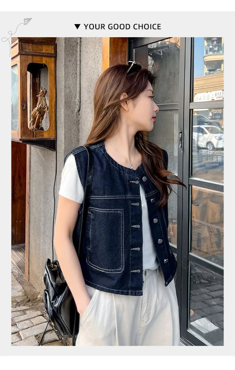Retro Loose Thin Denim Vest Coat Women's Spring Summer Versatile Casual Sleeveless Jeans Jacket Korean Short Denim Waistcoat