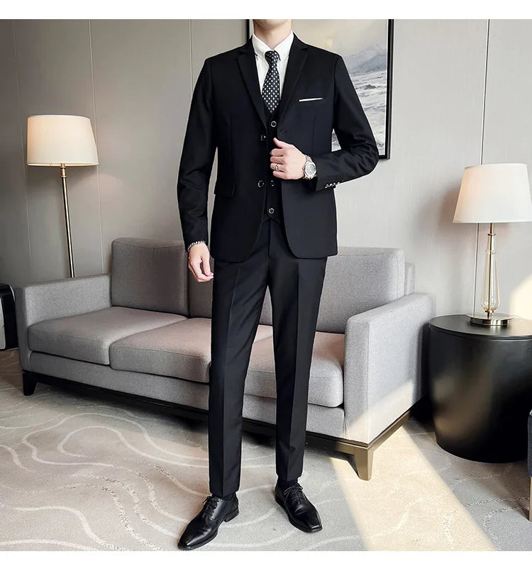 Men's Three-Piece Slim Fit Suit – England Style, Business Casual & Wedding, Navy/Black/Grey