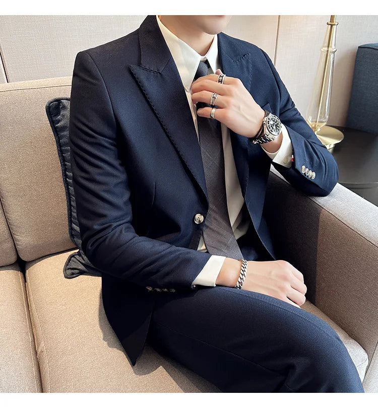 Jacket + Pants 2 Pieces Men's Elegant Fashion Slim Fit Suits Formal Business Wedding Tuxedos Casual Gentleman Solid Dress Suit