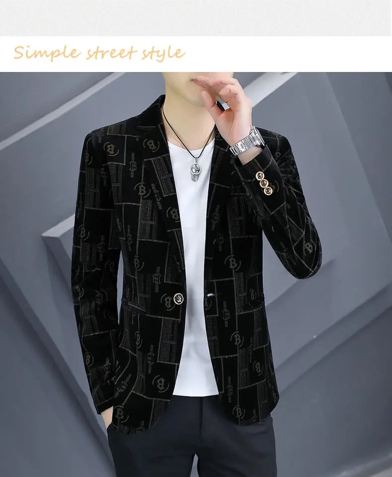 Autumn Luxury Corduroy Suit Jacket for Men Letter Printed Casual Business Men Blazers Slim Fit Social Banquet Party Dress Coats