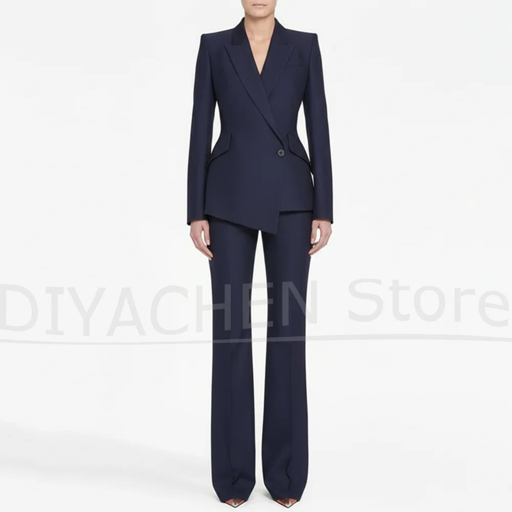 Women's Navy Blue Suit Formal Business Casual Slim Outfit Fashion Peak Lapel One Button Party Wedding Pants Sets Two Piece