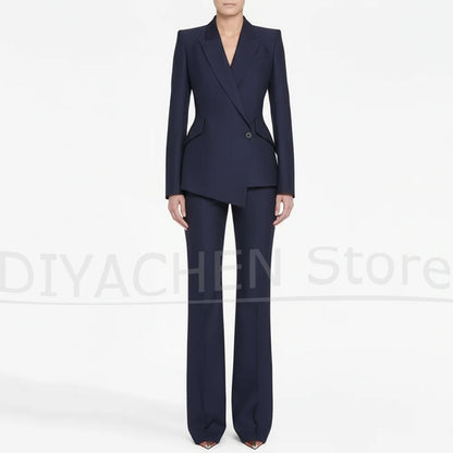 Women's Navy Blue Suit Formal Business Casual Slim Outfit Fashion Peak Lapel One Button Party Wedding Pants Sets Two Piece