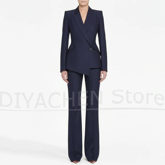 Women's Navy Blue Suit Formal Business Casual Slim Outfit Fashion Peak Lapel One Button Party Wedding Pants Sets Two Piece