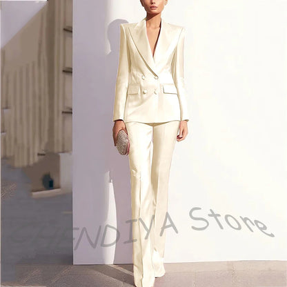 Luxury Satin Women Pants Suit Tailored Business Attire Dusty Rose 2 Piece Peak Lapel Straight Formal Outfit Daily Office Set