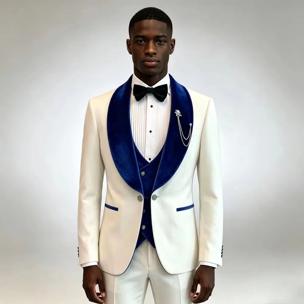 Costume de smoking 3 pièces ivoire pour homme coupe ajustée formel, ensemble de vêtements de mariage et d'affaires pour homme avec blazer, gilet et pantalon à revers châle en velours