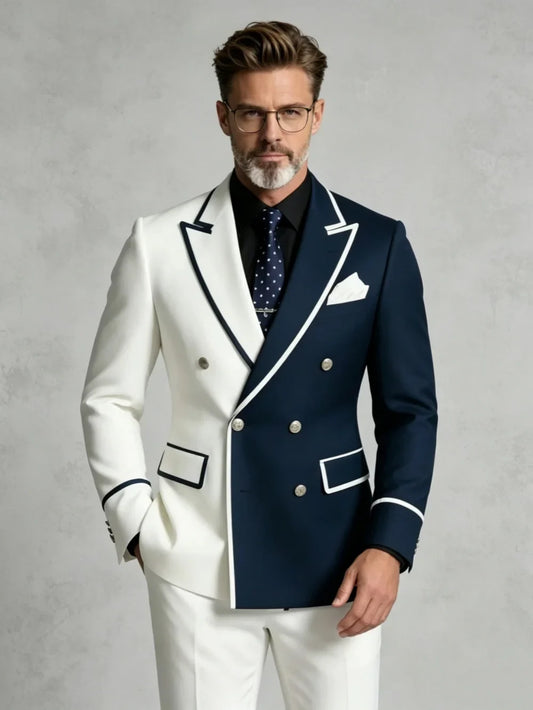 Men's White Navy Blue Contrast Color Suit 2 Pieces For Formal Occasion Handsome Double Breasted Suit Set Wedding Groom Sets