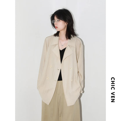 New Women Mid-length Trench Coats Loose Casual Oversized Double Breasted Office Ladies Blazer Jacket Spring Autumn