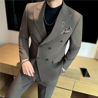 Brand Two-piece Suit for Men British Style Double Breasted Casual Business Suit Blazer Trousers Office Party Prom Wedding Suits