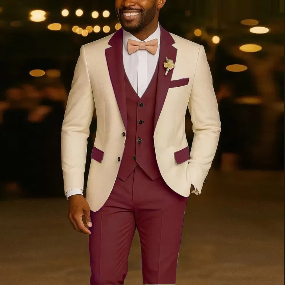 Costume de mariage 3 pièces formel pour homme, costume de marié, coupe ajustée, revers cranté, veste, gilet, pantalon pour affaires, bureau, banquet, tenues pour hommes