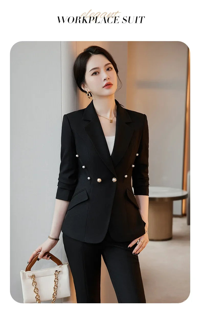 Office Lady Formal Blazer Pants Suits 2 Piece Matching Set Conjuntos Para Mujeres Plus Size Jacket Split Flare Pants Sets New