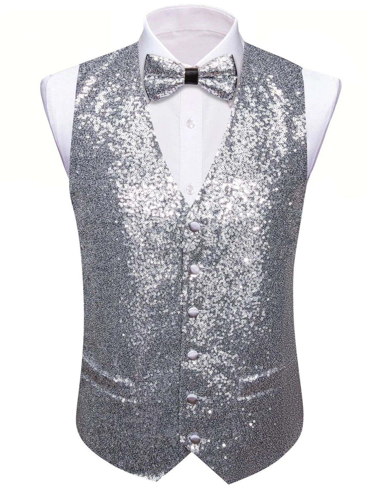 Men's Vest and Bow Tie Set – Silver-Gray Sequin – Party, Stage & Nightclub Wear