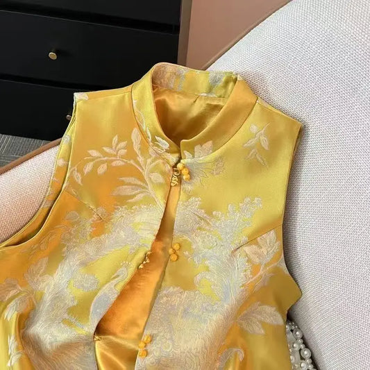 2025 Summer New Chinese Style Simple Yellow Buckle Tang Suit Cheongsam Vest Women Jacket Stand Collar Sleeveless Shirts Thin Top